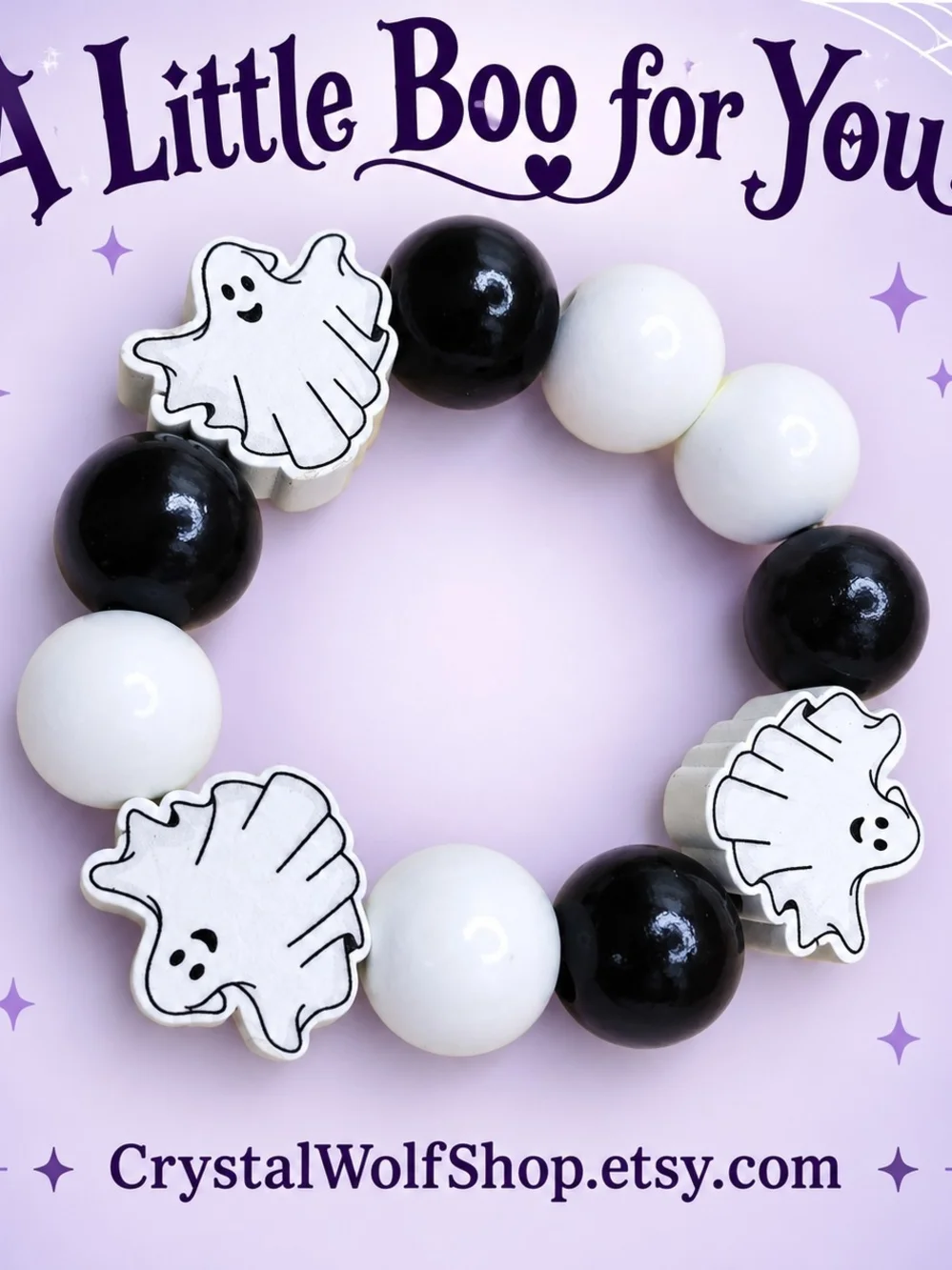 Crystal Wolf Black & White Ghost Stretch Bracelet for Kids